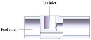 Geometric modeling of externally mixed air atomizing nozzle: a) sectional view of nozzle shell; b) cyclone structure; c) sectional view of nozzle