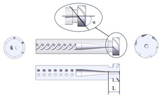 Geometric modeling of externally mixed air atomizing nozzle: a) sectional view of nozzle shell; b) cyclone structure; c) sectional view of nozzle