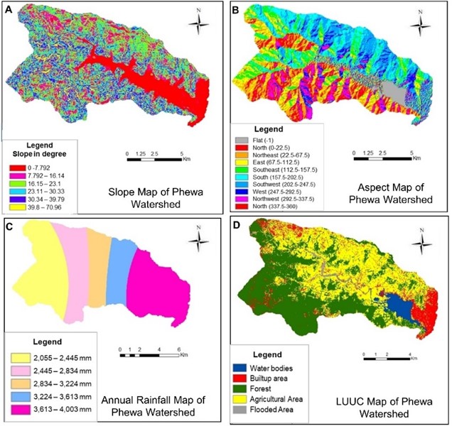 Map of a) slope, b) aspect, c) rainfall/precipitation, d) land use/cover