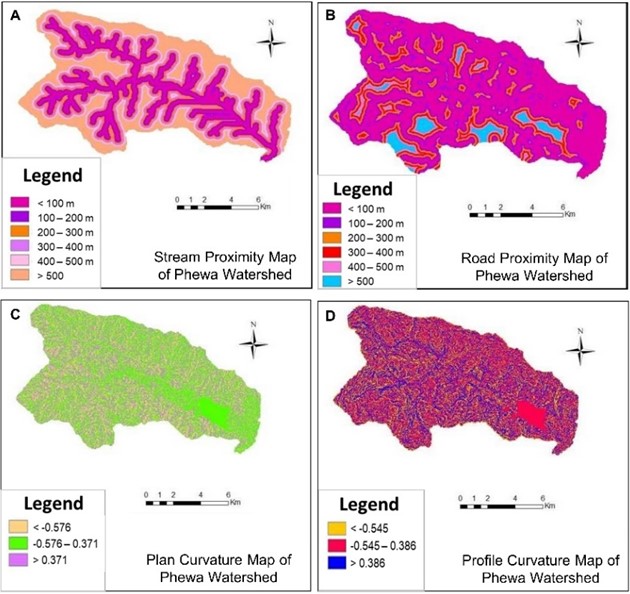 Map of a) stream proximity, b) road proximity, c) plan curvature and d) profile curvature