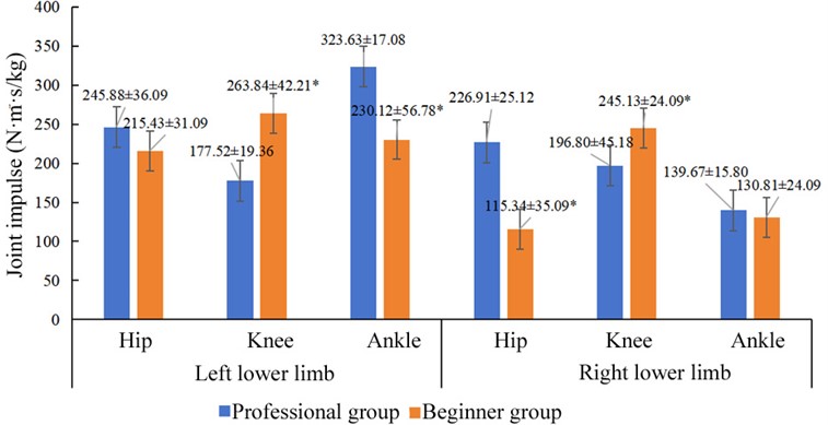 Comparison results of joint impulse in the lower extremity.  Note: * indicates p< 0.05 when comparing the beginner and professional groups