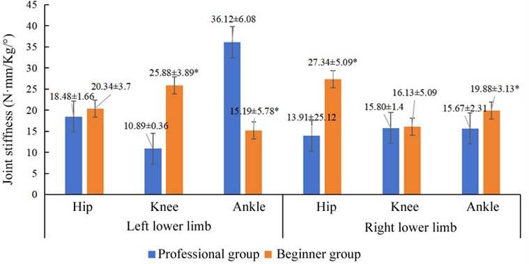 Comparison results of joint stiffness in the lower extremity.  Note: * indicates p< 0.05 when comparing the beginner and professional groups