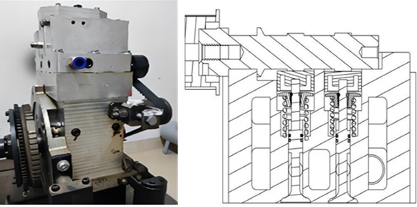 The prototype of SCTS-PE and its section diagram of the valve timing mechanism