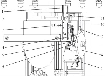 The main structural composition: 1 – storage location; 2 – ball platform; 3 – vertical guide rail;  4 – slider; 5 – crank; 6 – guide bar; 7 – hinge seat; 8 – disc CAM; 9 – roller follower;  10 – connecting rod; 11 – horizontal guide rail