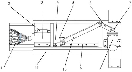 The composition of the actuating mechanism: 1 – badminton; 2 – stretch spring;  3 – bat; 4 –electromagnet; 5 – slide block; 6 – crankshaft; 7 – coupling; 8 – motor;  9 – rail; 10 – linkage; 11 – serving tube