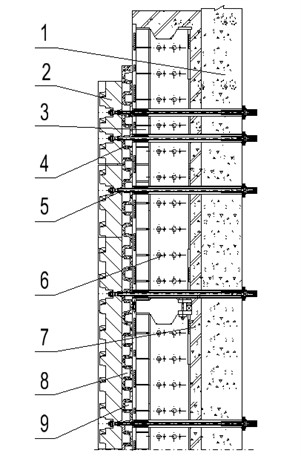 Diagram of the NCLTS: 1 first stage concrete, 2. Nut column, 3. Adjusting beam, 4. Grouting mortar, 5. Prestressed tendon, 6. Headed stud, 7. Second stage concrete, 8. Cam of nut column, 9. Cam of adjusting beam