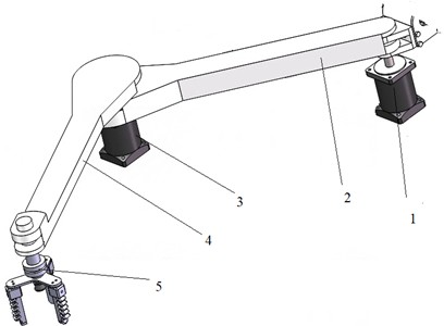 Design diagram of robotic arm: 1 – main arm motor; 2 – main arm;  3 – secondary arm motor; 4 – secondary arm; 5 – flexible gripper wrist