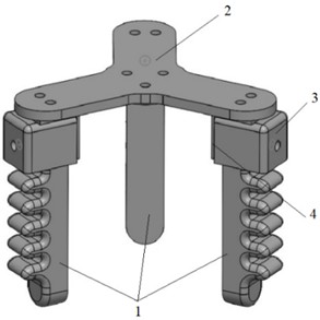 Structure diagram of flexible gripper: 1 – fingers (5 joints);  2 – top mounting plate; 3 – outer connecting block; 4 – inner connecting plate