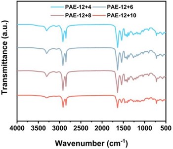 PAE-12+X series elastomers in a) 500-4000 cm-1; b) Infrared absorption map at 500-1800 cm-1