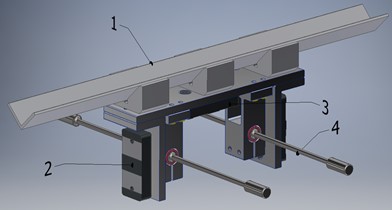 Main parts of the upper and lower unit of the vibratory conveyor: 1 – tray; 2, 3 – electromagnets’ armatures; 4 – round-shaped rods; 5 – plate; 6, 7 – electromagnets’ cores