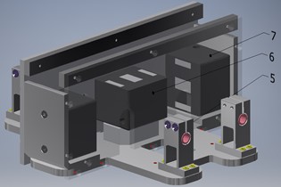 Main parts of the upper and lower unit of the vibratory conveyor: 1 – tray; 2, 3 – electromagnets’ armatures; 4 – round-shaped rods; 5 – plate; 6, 7 – electromagnets’ cores