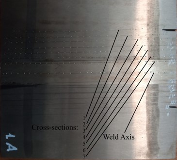 The experimental sample with designated cross-sections of measurements