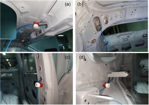 a) Inside the front longitudinal beam; b) inside the rear longitudinal beam;  c) inside the front longitudinal beam; d) inside B-pillar