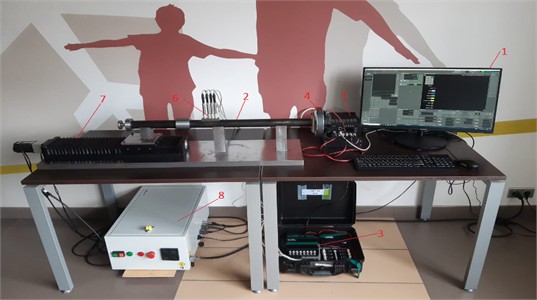 General view of MAI interferometer installation (impedance tube) with normal incidence of sound waves for studying the acoustic characteristics of sound-absorbing materials and structures: 1 – personal computer, 2 – impedance tube of 30 mm in diameter inside which the test sample is located, 3 – recorder type Ecophysics-500, 4 – loud speaker with frequency range 0.5-20 kHz, 5 – power amplifier with built-in generator, allowing you to set sound pressure levels up to 160 dB, 6 – four 1/4 inch pressure microphones with preamplifier (frequency range 1.6-20000 Hz, sensitivity 50 mV/Pa), 7 – linear actuator, 8 – control unit