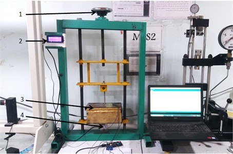 Simply supported plate subjected to centered point load: 1 – torque arm connected to power  screw; 2 – electronic board with lcd monitor to display the applied load value; 3 – simply supported  plate specimen; 4 – S-type load cell to measure the subjected load value