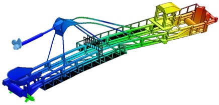 The first 10 natural frequencies of the existing landing boom model and a new pair of lamellas introduced, the cabin mounted in the boom axis moved towards the overflow