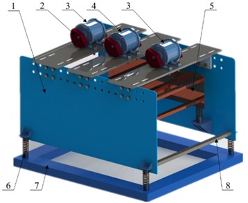 3D solid model of the system: 1 – the VI; 2 – the CRs; 3 – low-frequency motor;  4 – high-frequency motor; 5 – the OB; 6 – isolation spring; 7 – foundation support; 8 – steel frame