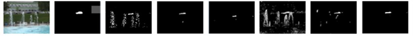 Results of different algorithms for extracting moving targets: a) boats, b) canoe, c) fall, d) fountain01, e) fountain02, f) overpass