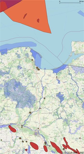 The value chain area, encompassing emission clusters (in gray) prospective storage sites  and areas (in brown and brown-orange) and Natura 2000 areas (in light blue),  based on [2], the background is OpenStreetMap