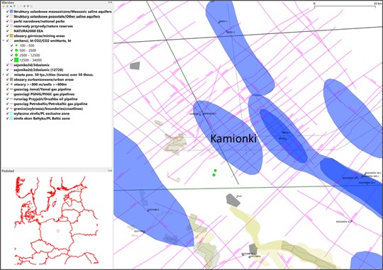 Data availability in the area of Kamionki saline aquifer structure – the structure extent after [7]