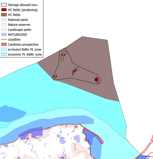 The offshore prospective Cambrian saline aquifer  area including hydrocarbon fields – based on [2] and [7]