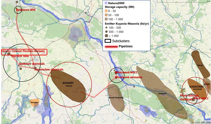 The southern part of the value chain area, based on [2] – see Fig. 1;  the labelled emitters are preferred components of the value chain