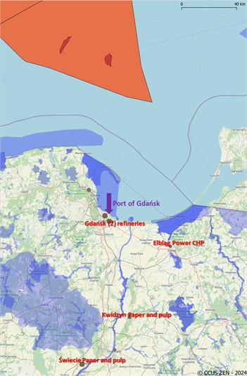 The northern part of the value chain area, based on [2] – see Fig. 1;  the labelled emitters are preferred components of the value chain