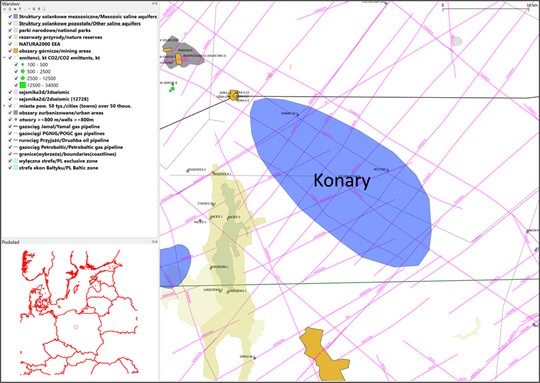 Data availability in the area of Konary saline aquifer structure – the structure extent after [7]