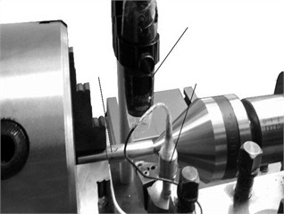 Monitor procedures: a) sensor fusion, b) data logger, c) tool holder, workpiece, accelerometer, digital microscope, d) data acquisition, e) electrical equipment, 80I-600 AC, f) Sandvik type B210