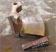 BD: a) damaged BD, quantometry position, cutting cross-section, b) cracked area, Opened crack surface, c) macrography and hardness tests sample, d) tensile test, 1 – test Zones, e) worked BD, sample test, f) metallography, test zones