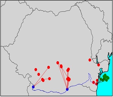 Preliminary maps of minimum cost flow of CO2 in Romania: period 1 and period 5