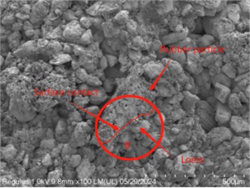 SEM images of rubber particle-loess under different freeze-thaw cycles: a) full contact, b) surface contact, c) partial contact, d) point contact