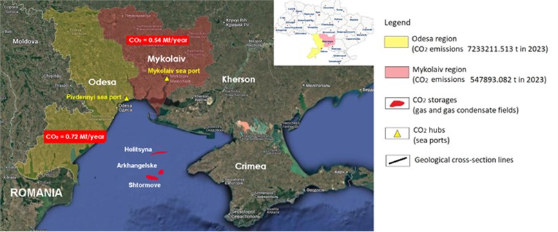 Map with target regions, potential CO2 hubs and storage facilities in Ukraine for CTS project