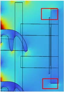 Local electric field cloud map of robot parts (V/m)