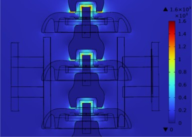 Cloud diagram of electric field distribution near the robot and insulator string (V/m)