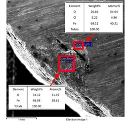 The morphology of the corrosion pit corresponding to Fig. 7 and the results of energy dispersive spectrum analysis