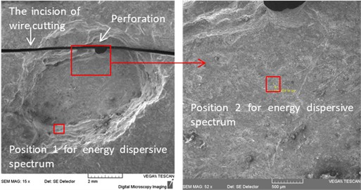 Results of energy spectrum analysis of corrosion products on the inner surface of perforated corrosion pit
