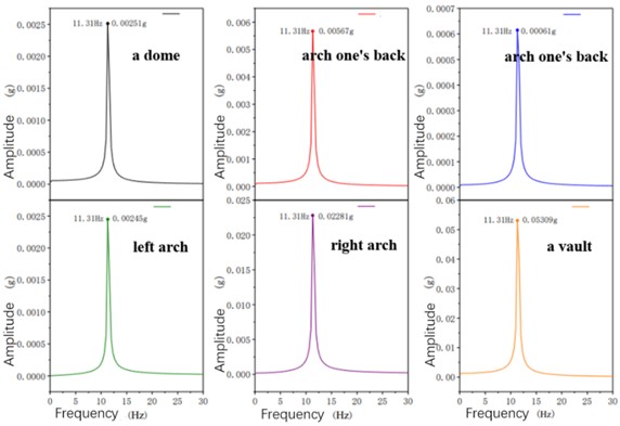 Acceleration spectra at various measurement points under a loading frequency of 11.4 Hz