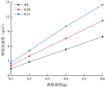 Horizontal peak acceleration on both sides of the living stumps inside the slope under different excitation intensity K-XZ