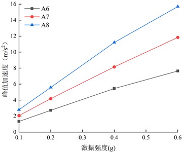 The Horizontal peak acceleration on both sides of the living stumps inside the slope under different excitation intensity DR-XZ
