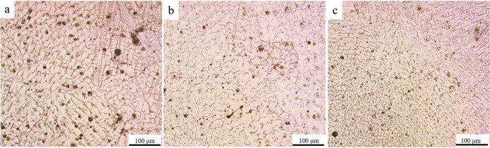 Microstructure of different position of WAAM HEA: a) bottom, b) middle, c) top [44]
