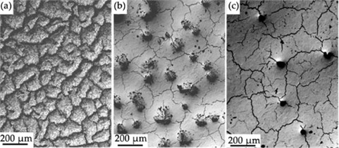 Electron microscopic image of the surface structure of the film (Cr + B)/(HEA) substrate  system after irradiation with a pulsed electron beam at an electron beam energy density  of a) 20 J/cm2, b) 30 J/cm2, and c) 40 J/cm2 [52]