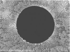 Measured data of a 1.735 um diameter precision pinhole: a) FESEM image, and b) laser diffraction image (top) and diffraction intensity graph in the horizontal center line of the laser diffraction image (bottom)