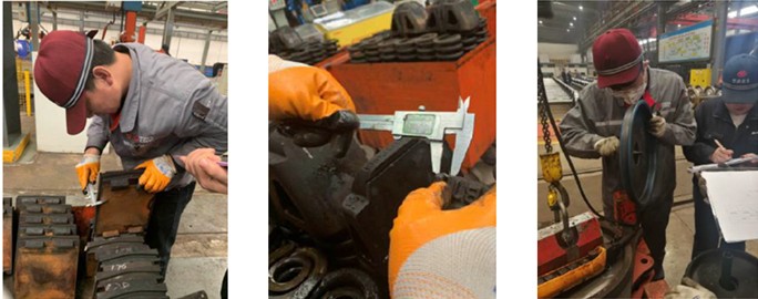 Suspension wear test and the result: a) measurement of wear on axle box rubber pad, wedge block, and center plate; b) the wear of the bearing saddle surface; c) the wear of inclined wedge friction surface; d) the wear amount of the main friction plate; e) the wear of the central plate