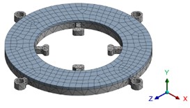 Simulation results of the stator: a) meshed model of the stator; b) out-of-plane vibration mode; c) in- plane vibration mode