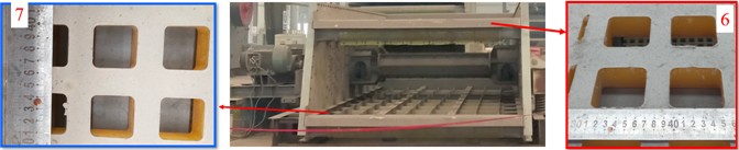 Schematic illustration of the DLFSCVS: 1 – driving motor; 2 – synchronous belt; 3 – eccentric excitation systems; 4 – screen box; 5 – damping spring; 6 – upper screen plate; 7 – down screen plate. Photo by the authors, vibrating screen of Henan Zhenyuan Technology Co., Ltd., Xinxiang, Henan Province