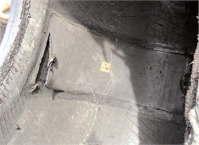 Tyre damage due to non-compliance with technological requirements during repair work: a) tread, b) inner part of sidewall