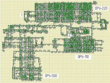 Scheme of grounding of 500 kV TsGPP substation to determine the distribution  of potentials and currents on the screen of control cables in case of SC.  1 – SCB (Substation Control Building), 2 – CR-110 kV (control room)