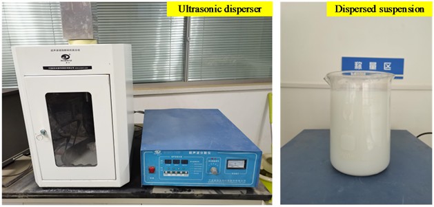 Ultrasonic disperser and resulting suspension. Photo taken by Dr. Yapeng Wang on February 22th, 2024 at the Experimental Laboratory Building of Northwest Institute of Eco-Environment and Resources, Chinese Academy of Sciences
