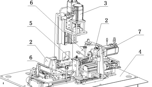 Overall structure of the torque detection system: 2 – rotating torque detection system;  3 – oscillating torque detection;4 – device frame; 5 – clamping system;  6 – transducer modules; 7 – torque calibration system